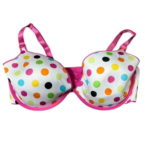 Cacique Bra Women 44DD White Multicolor Polka Dot Underwire Front Closure Padded - Picture 1 of 7